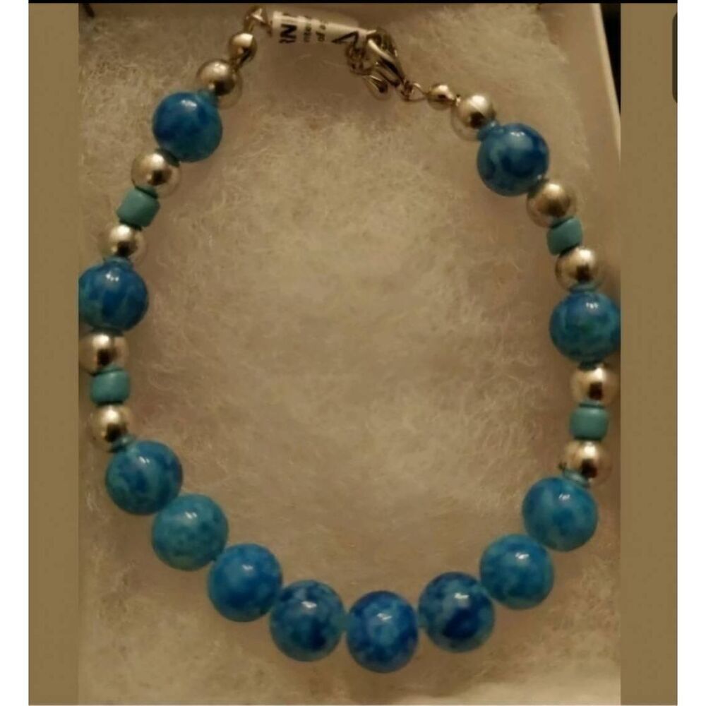 Handmade 7" bracelet Glass Blue bead w/ silver see